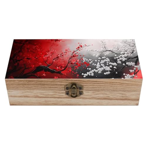 Vintage White Red Cherry Blossom Floral Vintage Wooden Storage Box with Hinged Lid – Rustic Natural Wood Keepsake Box for Jewelry, Trinkets, And Photos – Decorative Small Chest Organizer (7.9" X 3.9" - color: black-1
