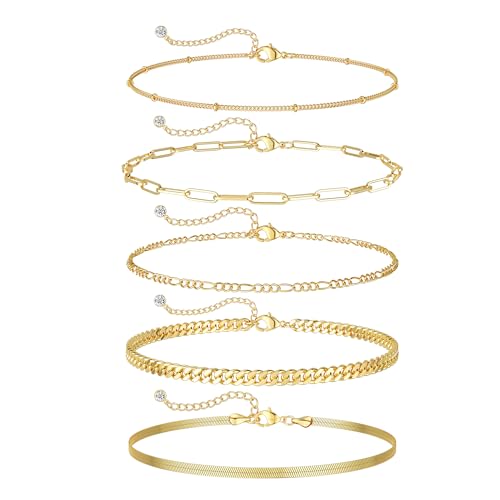 DEARMAY Gold Bracelets for Women Waterproof, 14K Gold Plated Stackable Jewelry Sets Non Tarnish Trendy Thin Dainty Cuban Link Paperclip Chain Bracelet Stack Fashion Accessories Gifts for Womens - style: 5Pcs BRACELET E