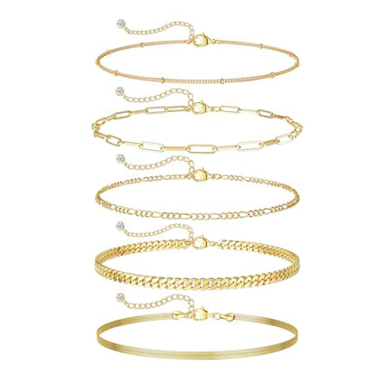 DEARMAY Gold Bracelets for Women Waterproof, 14K Gold Plated Stackable Jewelry Sets Non Tarnish Trendy Thin Dainty Cuban Link Paperclip Chain Bracelet Stack Fashion Accessories Gifts for Womens - style: 5Pcs BRACELET E