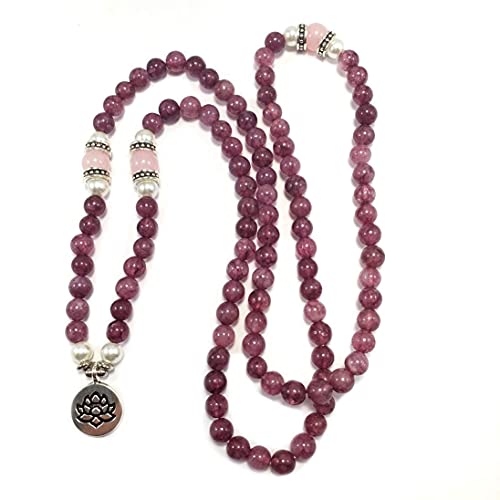 108‑Bead Mala Necklace – Natural Stones Lepidolite, Rose Quartz & South Sea Pearl with Silver Lotus Charm – Handmade 6mm/8mm Beaded Meditation Necklace or Wrap Bracelet – USA Artisan Jewelry