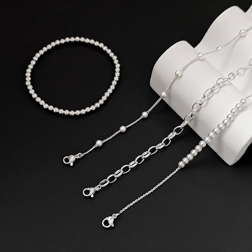 Zeffy Gold Pearl Beaded Bracelet for Women, 14K Gold Plated Jewelry Set With Paperclip Link Chain, Trendy Stack Bracelets - style: 4PCS Silver Pearl Beaded Stackable Bracelets