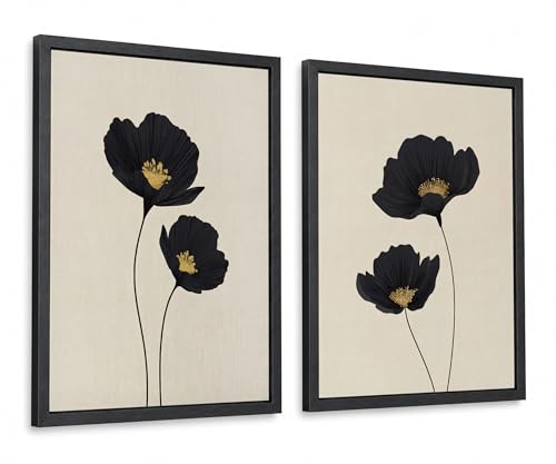 Black Gold Flower Wall Art Set of 2 Framed Poppy Canvas Prints, Minimalist Botanical Floral Painting, Modern Boho Picture Wall Decor for Bathroom Living Room Office16x24In - color: Poppy Flowers, size: 16x24 Inches