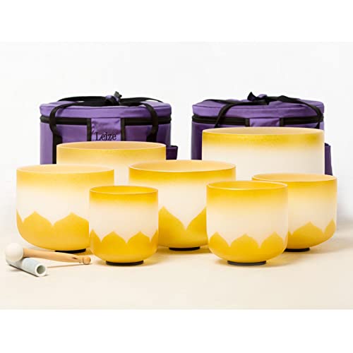 Leize 6-12 inch Gold Lotus Design Chakra Tuned 432hz Set of 7 Quartz Crystal Singing Bowls with Heavy Duty Carrying Cases and Singing Bowl Mallet Suede Strikers - color: gold lotus design, size: Set of 7 size, 6-12", A-G Note 432 hz