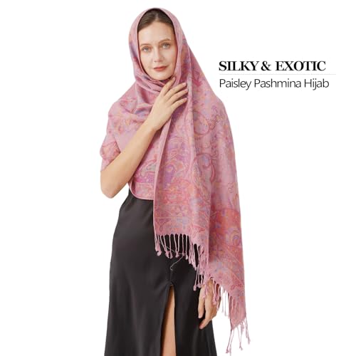 Paisley Pashmina Rave Shawl Scarf-Women's Reversible Ethnic Jacquard Pashmina Wraps for Travel - color: A#. Rose Pink