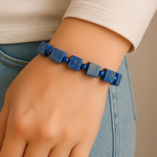 Lapis Lazuli Healing Bracelet – Real Crystal Beads for Stress Relief, Meditation & Chakra Balance – Natural Gemstone Jewelry Gift for Women & Men, Adjustable Stretch Fit - style: Cube and Round Beads