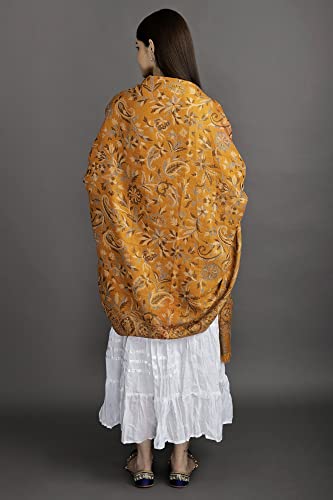 Exotic India Women Reversible Jamawar Wool Shawl with Woven Flowers | Ethnic Beautiful Floral Weave Stole, Dupatta - color: Butterscotch