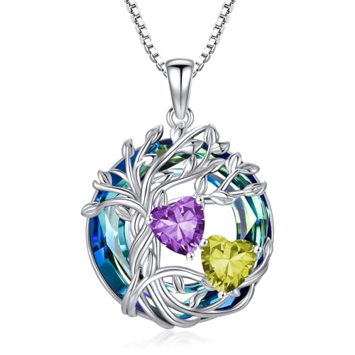 TOUPOP s925 Sterling Silver Family Celtic Tree of Life Pendant Necklaces with 2 Heart Birthstone with Blue Austrian Crystal Jewelry Birthday Valentines Day Gifts for Her, Anniversary Christmas Gifts for Wife Girlfriend Mom (18K Real White Gold Filled) - c