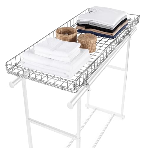 Double Rods Clothes Rack Organizer, Basket Expand Storage, Double Rod Metal Rack for Clothes, Towels Space Saving Closet Storage for Laundry, Retail Store 52.4" L x 22.4" w x 3" h