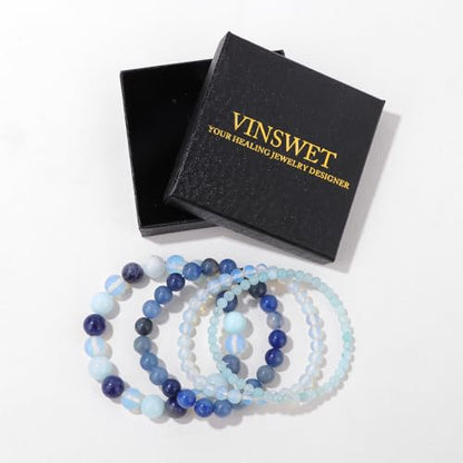 4pcs Beaded Bracelets for Women,Natural Healing Crystal Gemstones Bracelet,Anxiety Stress Relief Bracelet Handmade purple Jewelry Gifts for Women - color: Amazonite&Opal&Blue aventurine