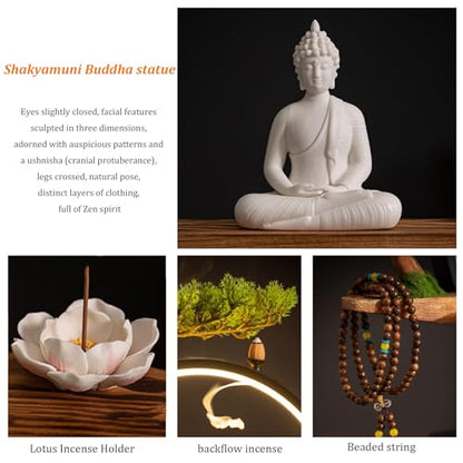 Zen Shakyamuni Buddha Statue with LED Light Ring, Bonsai Tree Decorative Buddha Figurine Set with Sturdy Metal Frame, USB-Powered Meditating Home Decor(Green)