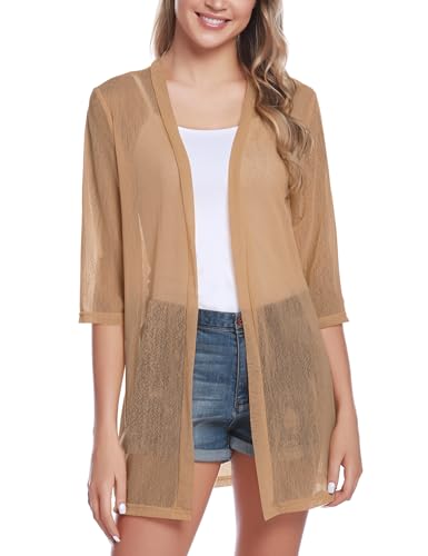 iClosam Women Casual 3/4 Sleeve Sheer Open Front Cardigan Sweater Kimono - color: Khaki, size: Small