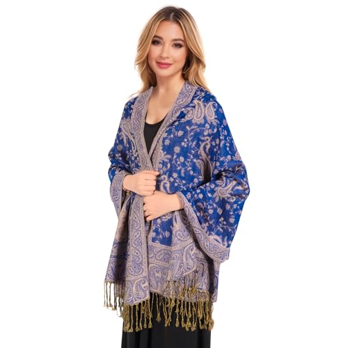 MUQU Women Pashmina Shawls and Wraps Scarf Soft Silky Reversible Paisley Scarves Shawl for Women - color: Dark Blue
