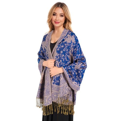 MUQU Women Pashmina Shawls and Wraps Scarf Soft Silky Reversible Paisley Scarves Shawl for Women - color: Dark Blue