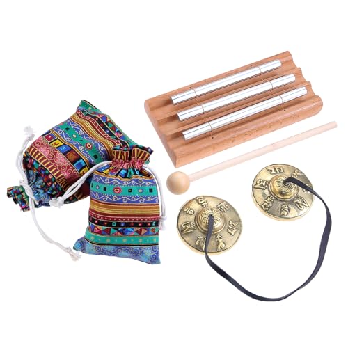 Meditation Instruments Set - Includes Tibetan Tingsha Cymbals, Three-Tone Chime Bell with Mallet, 2 Tibetan Drawstring Bags, Perfect for Classroom Management, Yoga, Prayer