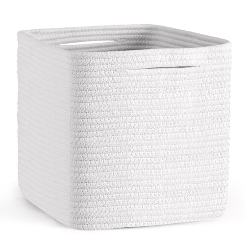 Cube Storage Bins 11 Inch Shelf Cotton Rope Baskets for Organizing, Woven Storage Basket - For Magazines, Living Room, Closet, White 1 Pack - color: White, size: 1pc