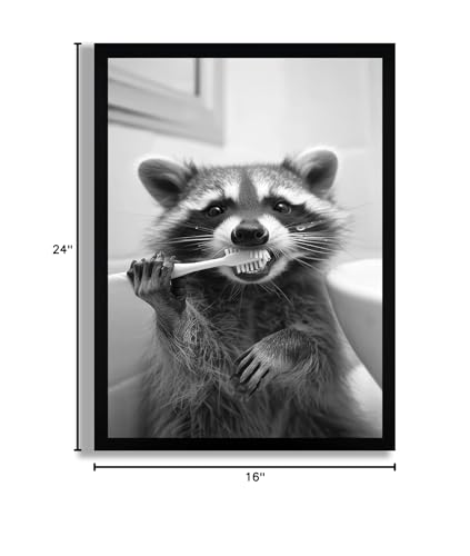 SYWENNOI Framed Black and White Bathroom Canvas Wall Art, Funny Raccoon Brushing Teeth Wall Decor, Farmhouse Humor Animal Art Prints for Restroom Decoration Ready to Hang 16x24 Inches