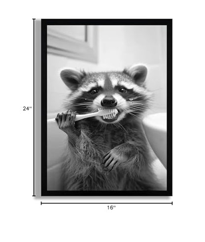 SYWENNOI Framed Black and White Bathroom Canvas Wall Art, Funny Raccoon Brushing Teeth Wall Decor, Farmhouse Humor Animal Art Prints for Restroom Decoration Ready to Hang 16x24 Inches