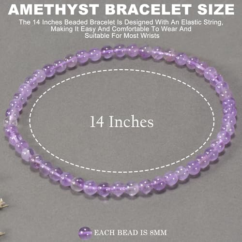 14in Agate Wrap Bracelet for Women Men Natural Round Beaded Agates Stone Healing Stretch Bracelets Elastic Handmade Polished Gemstone Beads Bracelet - color: Amethyst, size: 8mm Beads