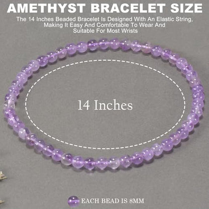 14in Agate Wrap Bracelet for Women Men Natural Round Beaded Agates Stone Healing Stretch Bracelets Elastic Handmade Polished Gemstone Beads Bracelet - color: Amethyst, size: 8mm Beads