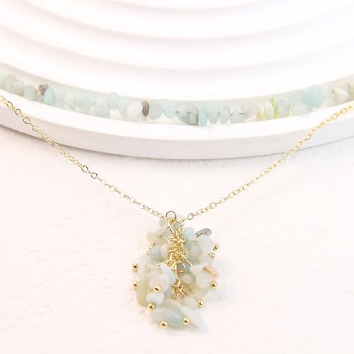 2Pcs Crystal Necklace for Women Handmade Choker Necklaces Pendant Necklace Natural Stone Gemstone Beaded Necklace 18k Gold Plated Adjustable Dainty Necklace for Women - color: Amazonite