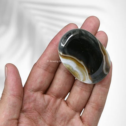 Amazing Gemstone Black Onyx Crystals and Healing Stones - Large Palm Stone Crystals Piedra - Crystal for Good Luck, Balanced Positive Energy, Meditation - Unique Stocking Stuffers and Birthday Gifts - color: Black Onyx