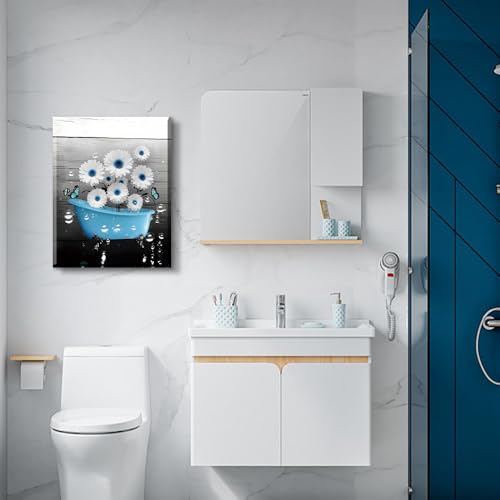 Blue Bathroom Wall Art Canvas Prints Farmhouse Wall Deocr,Blue Tub Flower Posters Washroom Aesthetic Decoration 12x16inch Framed - color: Framed-blue Tub Flower Wall Art