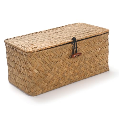 Rectangular Handwoven Seagrass Small Storage Basket with Lid for Shelves and Home Organizer Bins,S (10.2"x5.5"x4.3"H), Natural - size: S (10.2"x5.5"x4.3"H)