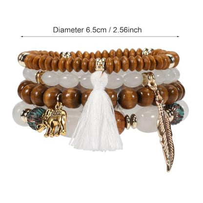 Caiyao 4Pcs Bohemia Multilayer Stackable Elephant Leaf Tassel Bracelets Colorful Wooden Resin Beaded Stretch Bracelets for Women Men Summer Beach Boho Vacation Hawaii Jewelry Gifts - style: StyleA