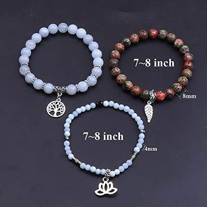 Tree of Life Yoga Healing Stone Bracelets,Multilayer Lotus Chakra Stone Reiki Bracelet Sets,Anxiety Crystal Natural Stone,for Women Stress Relief - style: Aquamarine + Flower Green