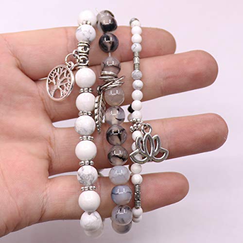 Tree of Life Yoga Healing Stone Bracelets,Multilayer Lotus Chakra Stone Reiki Bracelet Sets,Anxiety Crystal Natural Stone,for Women Stress Relief - style: White Turquoise + Dragon Pattern Stone