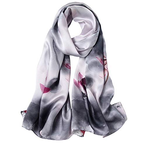 100% Mulberry Silk Long Scarf for Women Large Shawls for Headscarf and Neck- Oblong Hair Wraps with Gift Packed - color: Ink Painting-lotus