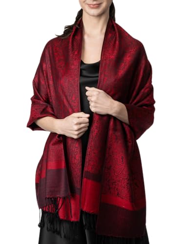Achillea Two-Tone Vintage Paisley Pashmina Scarf – Lightweight Wrap & Shawl for Dresses, Weddings, Travel, All Seasons - color: Burgundy