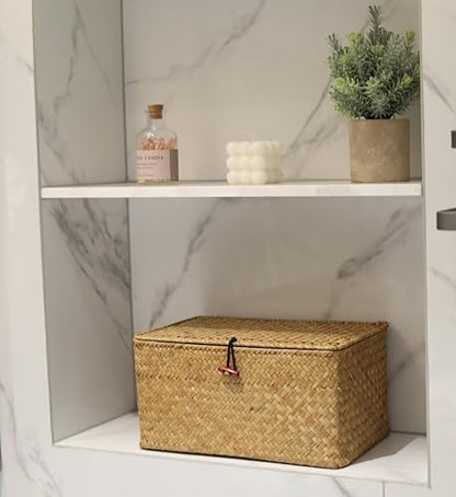 Rectangular Handwoven Seagrass Storage Basket with Lid for Shelves and Home Organizer Bin, (M (12"x7"x6"H), Natural) - size: M (12"x7"x6"H)
