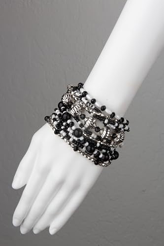 SPUNKYsoul Beaded Stretch Bracelet Set – Multi-Piece Stackable Fashion Bracelet Collection, Elastic Fit, Minimalist Boho Jewelry for Everyday Wear - style: " Ayla" White, Black & Silver