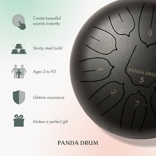 Panda Drum Plus (Black) | Steel Tongue Handpan with Music Book, Mallets, Carrying Bag & Finger Picks | 11 inch, 432 Hz | Rain Drum for Inside & Outside | Calming Musical Instrument for Adults & Kids - color: 3-Black