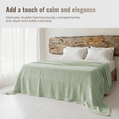 4-Layer Muslin Cotton Queen Bed Blanket (90 x 90 inches) – Ultra Soft Breathable Gauze, Lightweight All-Season Cozy Blanket, Machine Washable – Green - color: Green, size: Queen (90 x 90 inches)