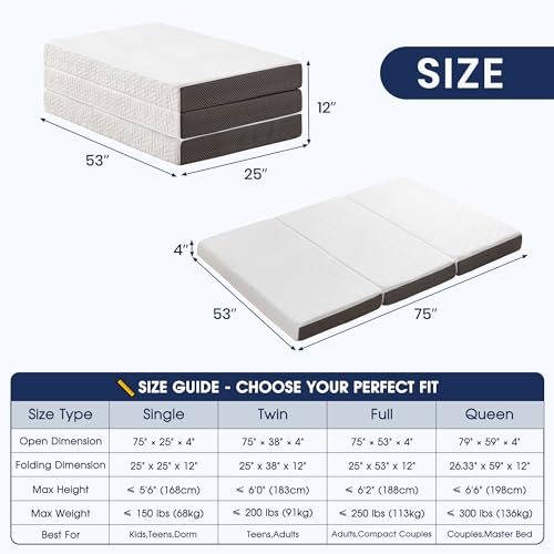 Hanherry 4 Inch Foldable Mattress Full Size, Tri-Folding Portable Memory Foam Topper Floor Bed with Storage Bag, Washable Cover for Travel, Camping, RV, Guest - size: Full (75 × 53 inch)