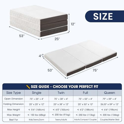 Hanherry 4 Inch Foldable Mattress Full Size, Tri-Folding Portable Memory Foam Topper Floor Bed with Storage Bag, Washable Cover for Travel, Camping, RV, Guest - size: Full (75 × 53 inch)