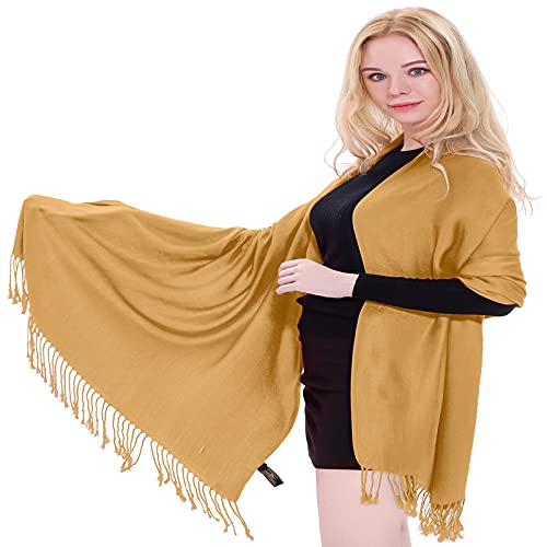 CJ Apparel Solid Color Tassels Design Nepalese Shawl Scarf Wrap Stole Throw Head Wrap Pashmina Gift Hand Made in Nepal New - color: Light Gold Mix