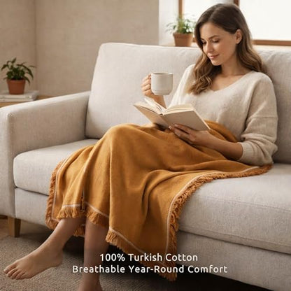 Odin Waffle Throw Blanket with Tassels, 50x66 Inch, 100% Turkish Cotton, Oeko-TEX Certified, Breathable Lightweight Throw for Couch, Sofa & Bed, Made in Turkey, Mustard - color: Mustard