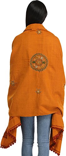 Exotic India Women's Pure Wool Shawl from Kutch with Central Embroidered Chakra and Mirrors Ethnic Design Stole, Scarves