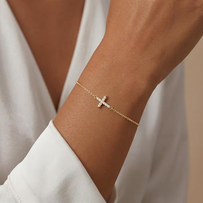 3mm Diamond Classic Tennis Bracelet for Women Dainty, Gold Jesus Cross Bracelets Trendy, 14K Gold Plated Heart/Evil Eye/Pearl/Starfish & Seashell Charm Bracelets for Women Bulk - style: CZ Cross-Gold