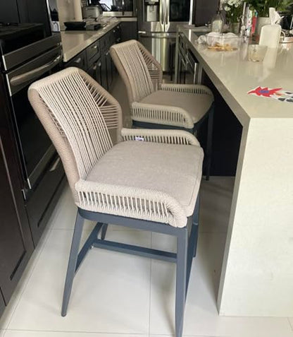 PURPLE LEAF Counter Height Bar Stools Set of 2 Rattan Wicker Outdoor Metal Boho Barstools with Back and Footrest Patio Garden Balcony Pool Bar Chairs - color: Classic/Dark Grey, size: 2pc-24.8"h