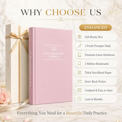 Gratitude Journal 2026 – Undated Daily Gratitude Journal with Upgraded Dynamic Prompts & Gift Box – 5 Minute Reflection, Mindfulness & Happiness Journal for Women & Men - color: Pink