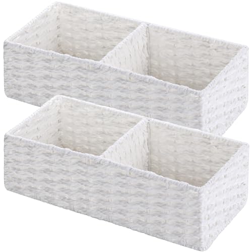 Vagusicc 2 Section Wicker Storage Basket, Wicker Baskets for Storage, Toilet Paper Basket for Toilet Tank Top, Small Wicke Baskets for Organizing Shelves, 2-Pack, White - color: Paper Rope (White), size: 2 Regular Section
