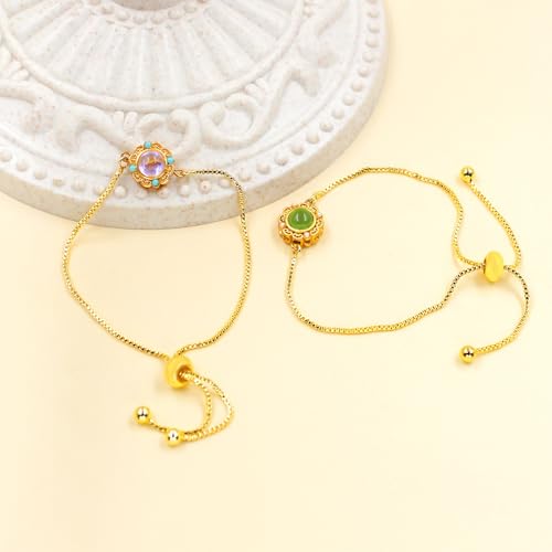 | Gold Brass Bracelet | Glass Floral Engraved Adjustable Chain | Elegant Positive Energy Charm | Everyday Wear Friendship Accessory - color: Pink