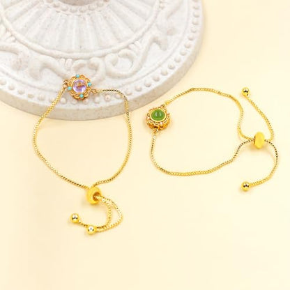 | Gold Brass Bracelet | Glass Floral Engraved Adjustable Chain | Elegant Positive Energy Charm | Everyday Wear Friendship Accessory - color: Pink