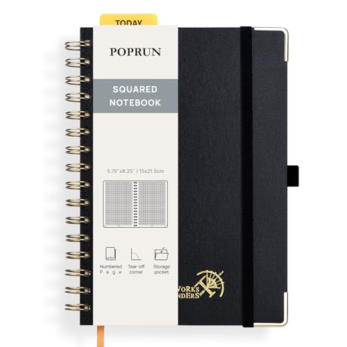 POPRUN Graph Paper Spiral Journal Notebook, [A5-5.75'' x 8.25''] - 120 GSM Thick Paper, 141 Numbered Pages, Grid Notebooks for Men & Women with Pocket, Index Tabs, 8 Perforated Sheets,Black - color: Black, style: Grid