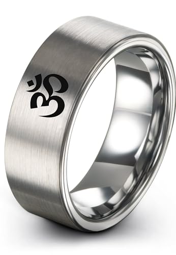 Yoga Om Symbol Ring - Gift for Meditation Fan - Personalized Custom Engraving - Anniversary Wedding - 8mm - Band - Brushed Polished - Tungsten - Flat Dome Bevel - Men Women - Yellow Rose Gold Silver - color: 13 - Grey Tungsten