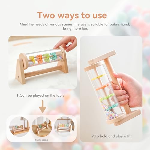 Wooden Rain Stick with Handle & Stand, Montessori Sensory Musical Rattle for Toddlers 12+ Months, Calming Rainmaker with Beads for Tummy Time & Quiet Play, Baby Shower & 1st Birthday Gift